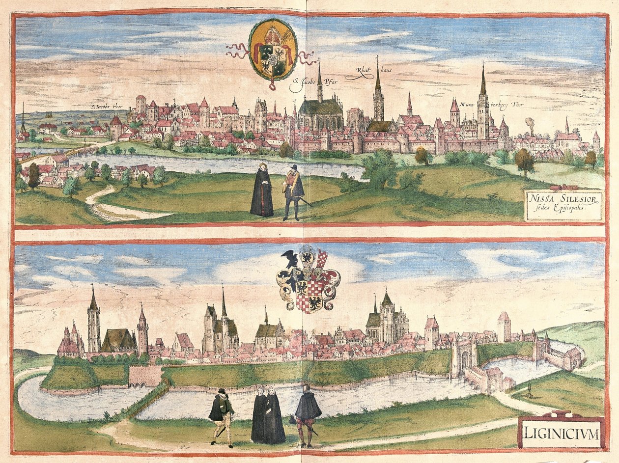 Nysa og Legnica (Legnica), Polen (gravering af Georg Braun and Hogenberg Franz