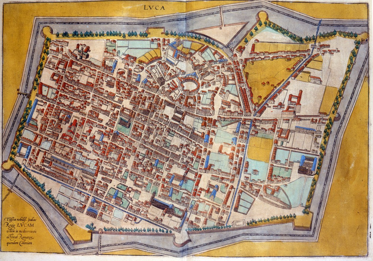 Plan de Lucques en 1585. Atlas de Braun & Hogenberg. af Georg Braun and Hogenberg Franz