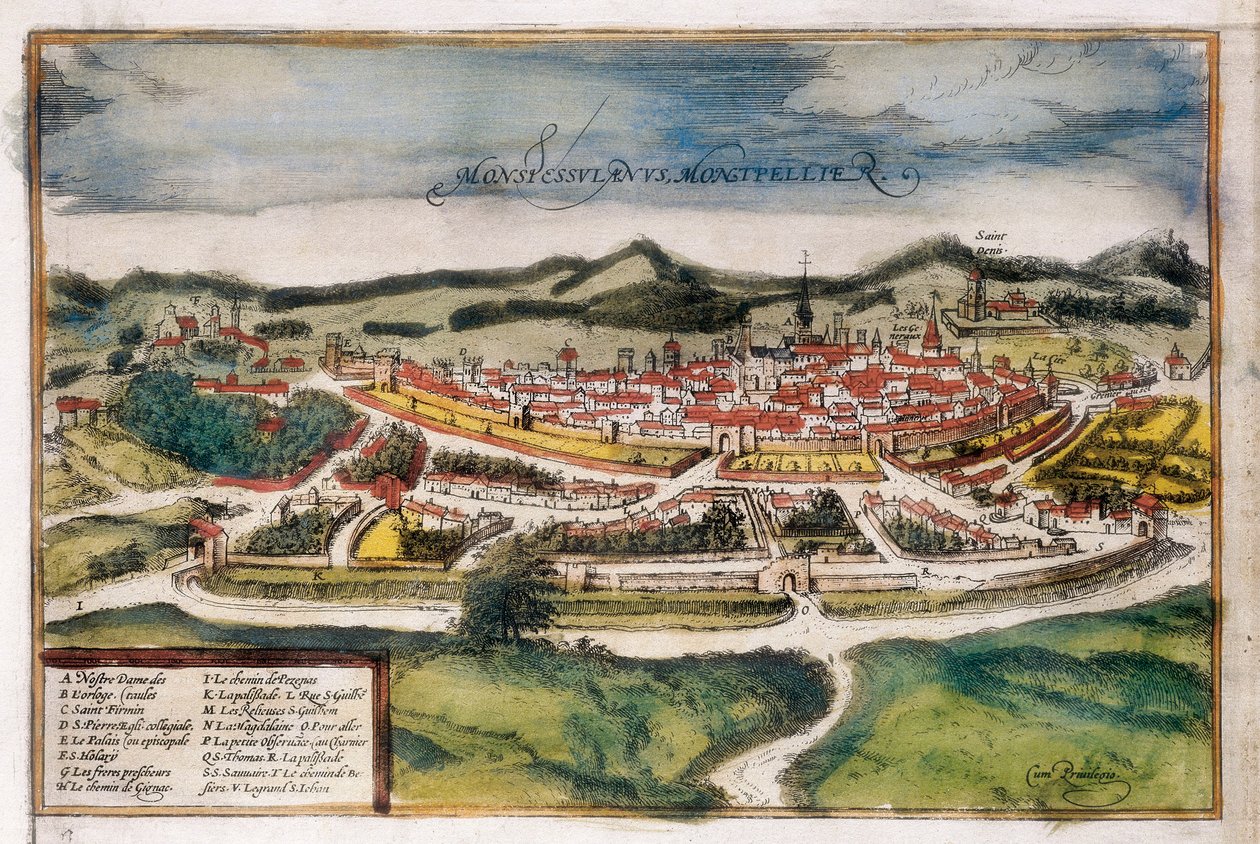 Plan over byen Montpellier af Georg Braun and Hogenberg Franz