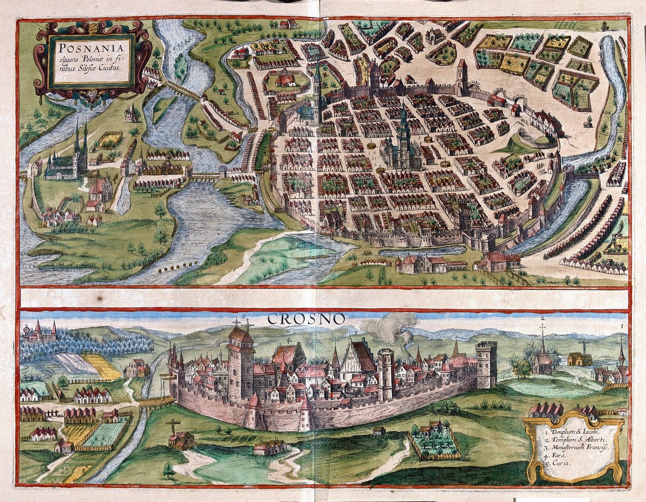 Poznan og Krosno, Polen (gravering af Georg Braun and Hogenberg Franz