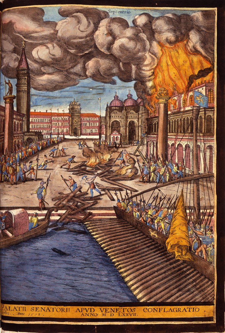 Den store brand i hertugpaladset på Markuspladsen i Venedig i 1577. Indgravering af George Braun I "" Civitatis Orbis Terrarum"" bind I skrevet af Franz Hogenberg (1535-1590) af Georg Braun and Hogenberg Franz