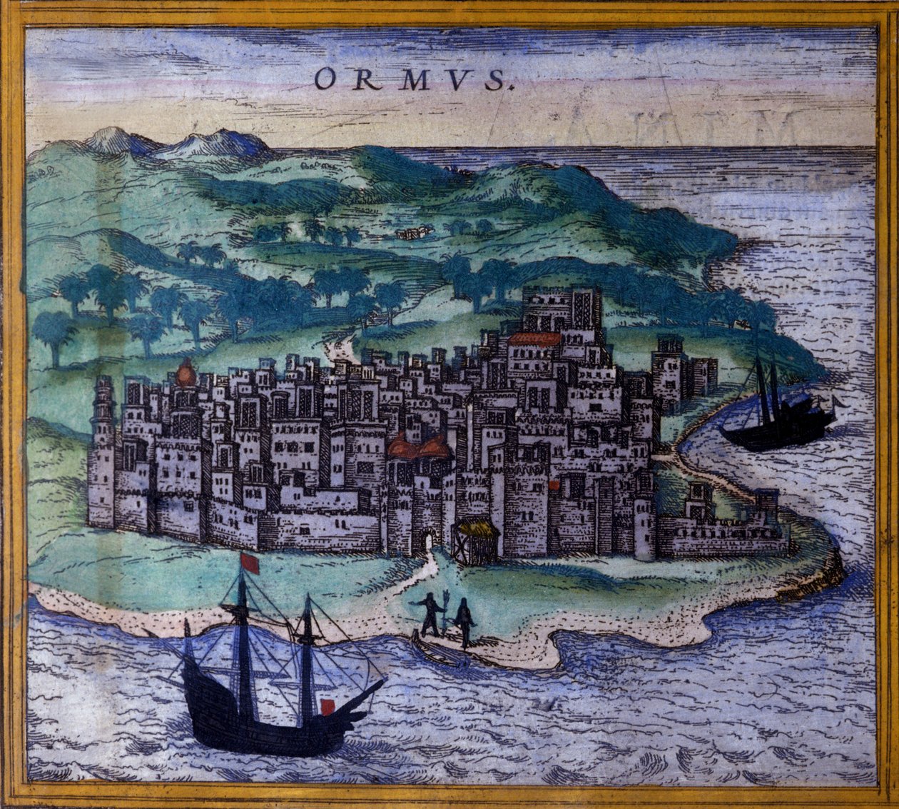 Den iranske ø Ormuz eller Hormuz på ruten til Indes efter Atlas "Civitates Orbis Terrarum" af Braun og Hogenberg af Georg Braun and Hogenberg Franz