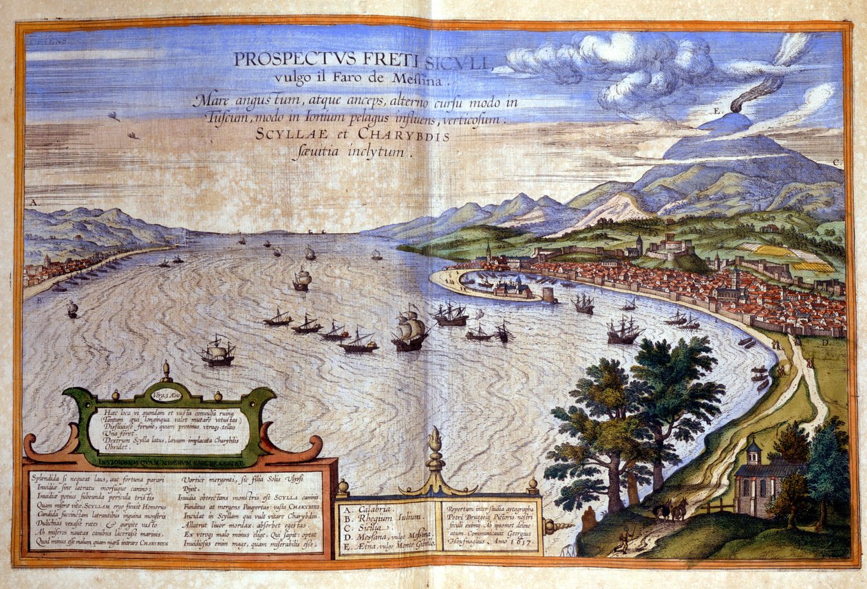 Messinastrædet - Calabrien er til venstre, mens Messina og Etna er til højre på Sicilien. Atlas de Braun og Hogenberg af Georg Braun and Hogenberg Franz