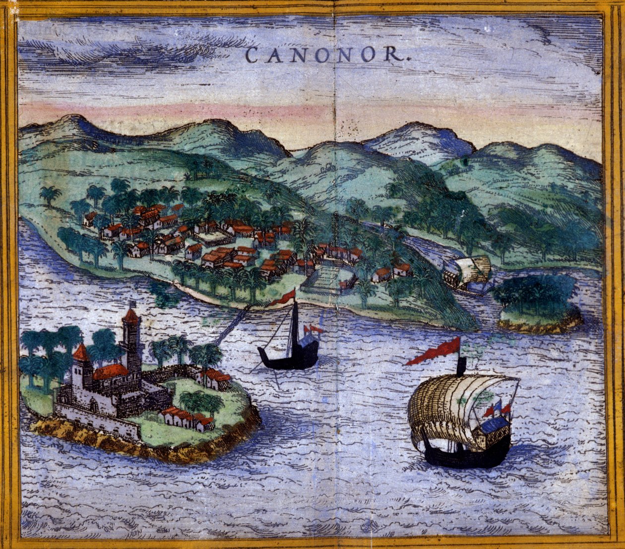Udsigt over Canonor (eller Cannanore) i Indien fra en udgave af "Civitates Orbis Terrarum" af Braun og Hogenberg af Georg Braun and Hogenberg Franz