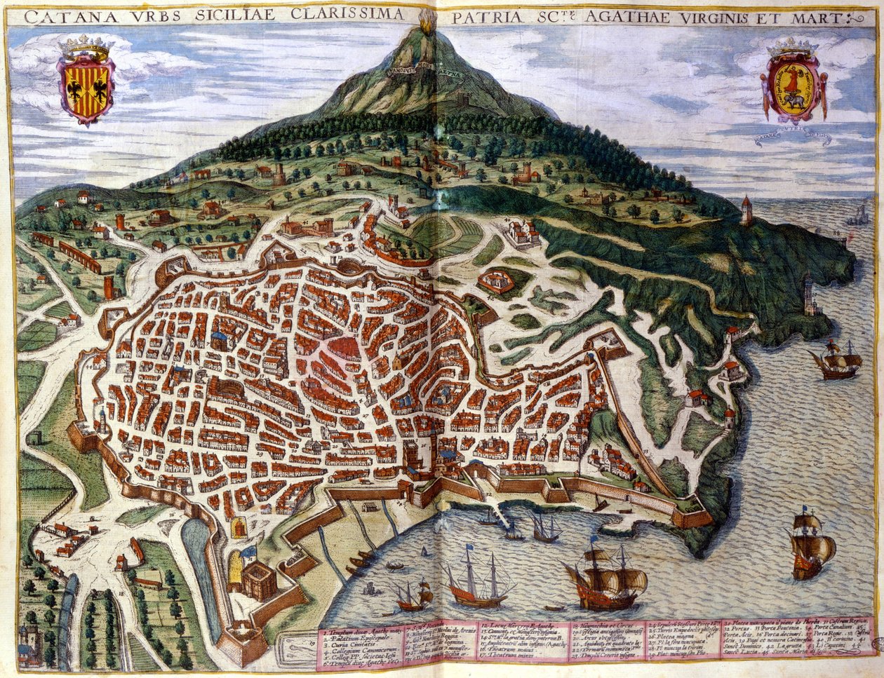Udsigt over Catania og Etna på Sicilien. Atlas over Braun & Hogenberg. 1585, Amsterdam. af Georg Braun and Hogenberg Franz