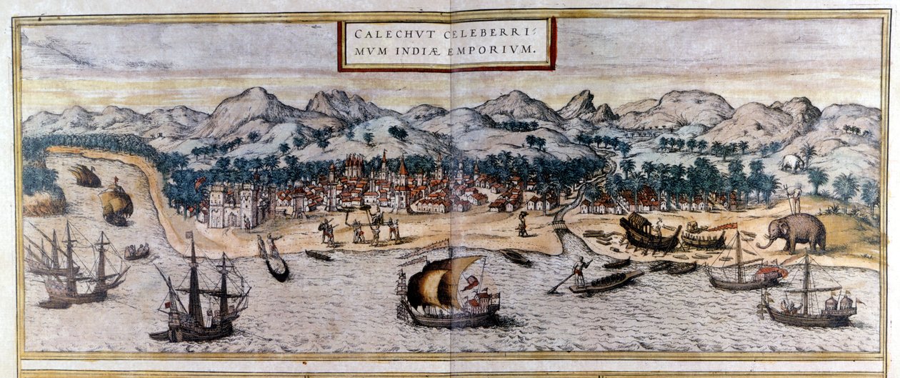 Udsigt over Kozhikode eller Calicut i Indien fra Atlas "Civitates Orbis Terrarum" af Braun & Hogenberg af Georg Braun and Hogenberg Franz