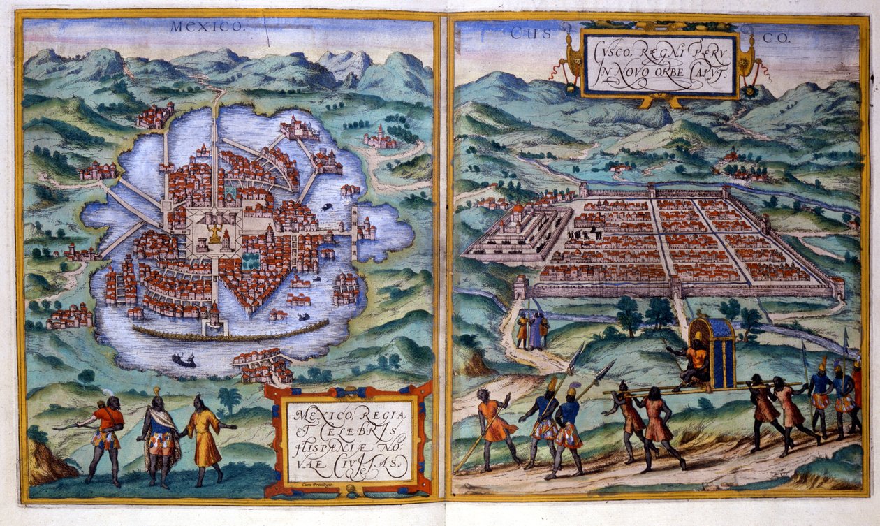 Udsigt over Mexico City (Mexico) og Cuzco (Peru). Atlas Braun & Hogenberg af Georg Braun and Hogenberg Franz