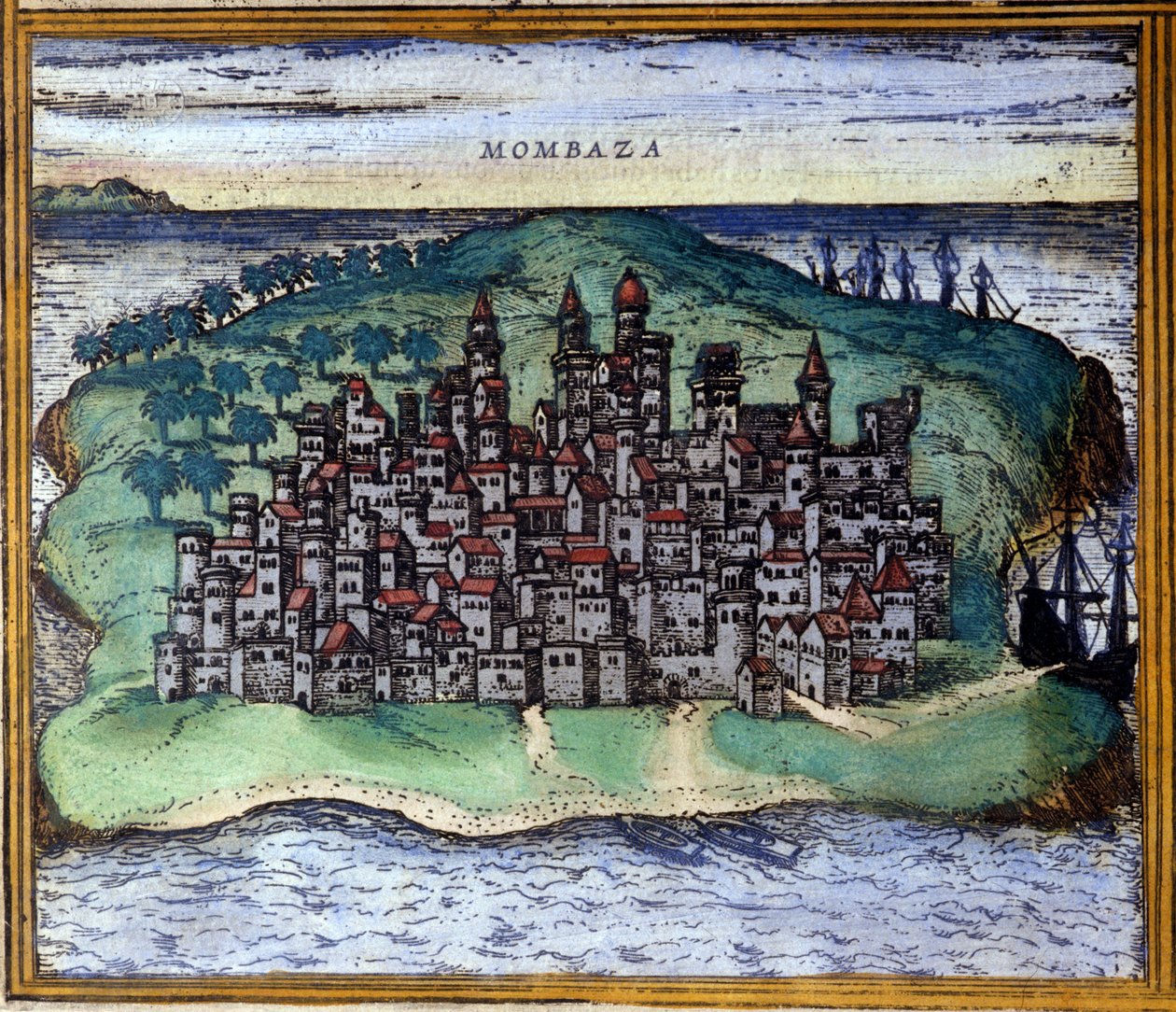 Udsigt over Mombasa eller Mombassa, Kenya i det 16. århundrede, da byen blev besat af portugiserne efter Atlas "Civitates Orbis Terrarum" af Braun og Hogenberg af Georg Braun and Hogenberg Franz