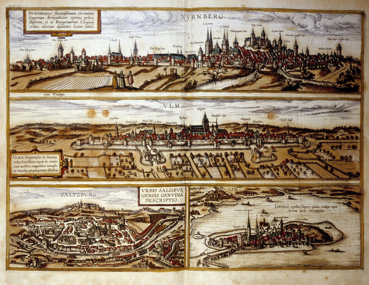 Udsigt over de tyske byer Nürnberg og Ulm, Salzburg, Østrig. Indgravering fra Atlas over "Braun og Hogenberg" 1572 af Georg Braun and Hogenberg Franz