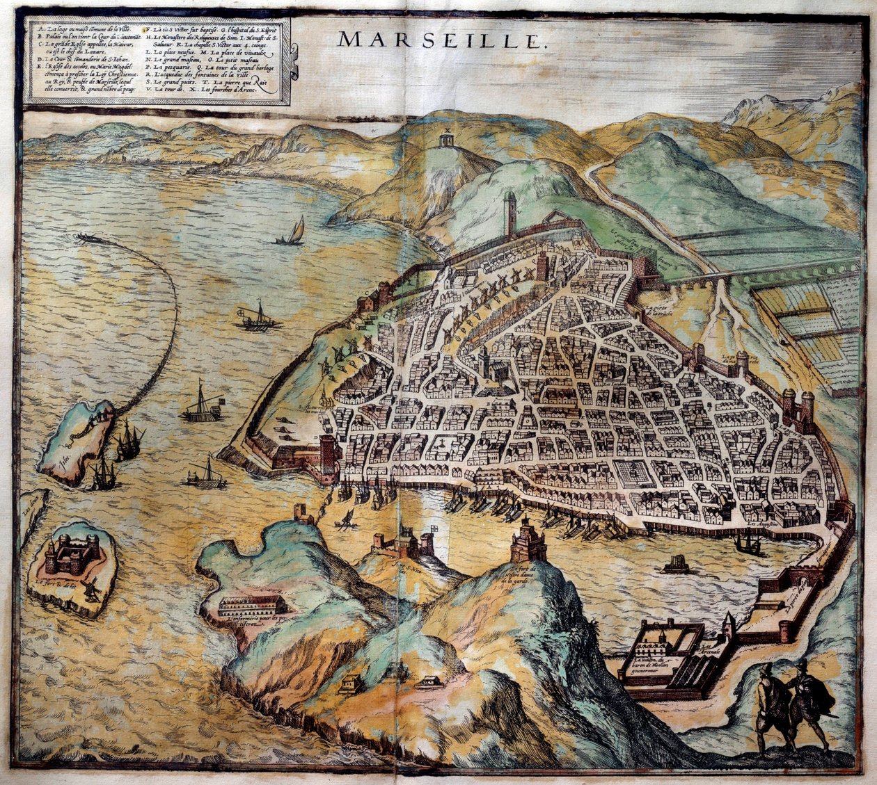 Udsigt over byen Marseille med vejkort. Gravering fra Atlas de Braun og Hogenberg 1572 Marseille, Musee de la Marine af Georg Braun and Hogenberg Franz