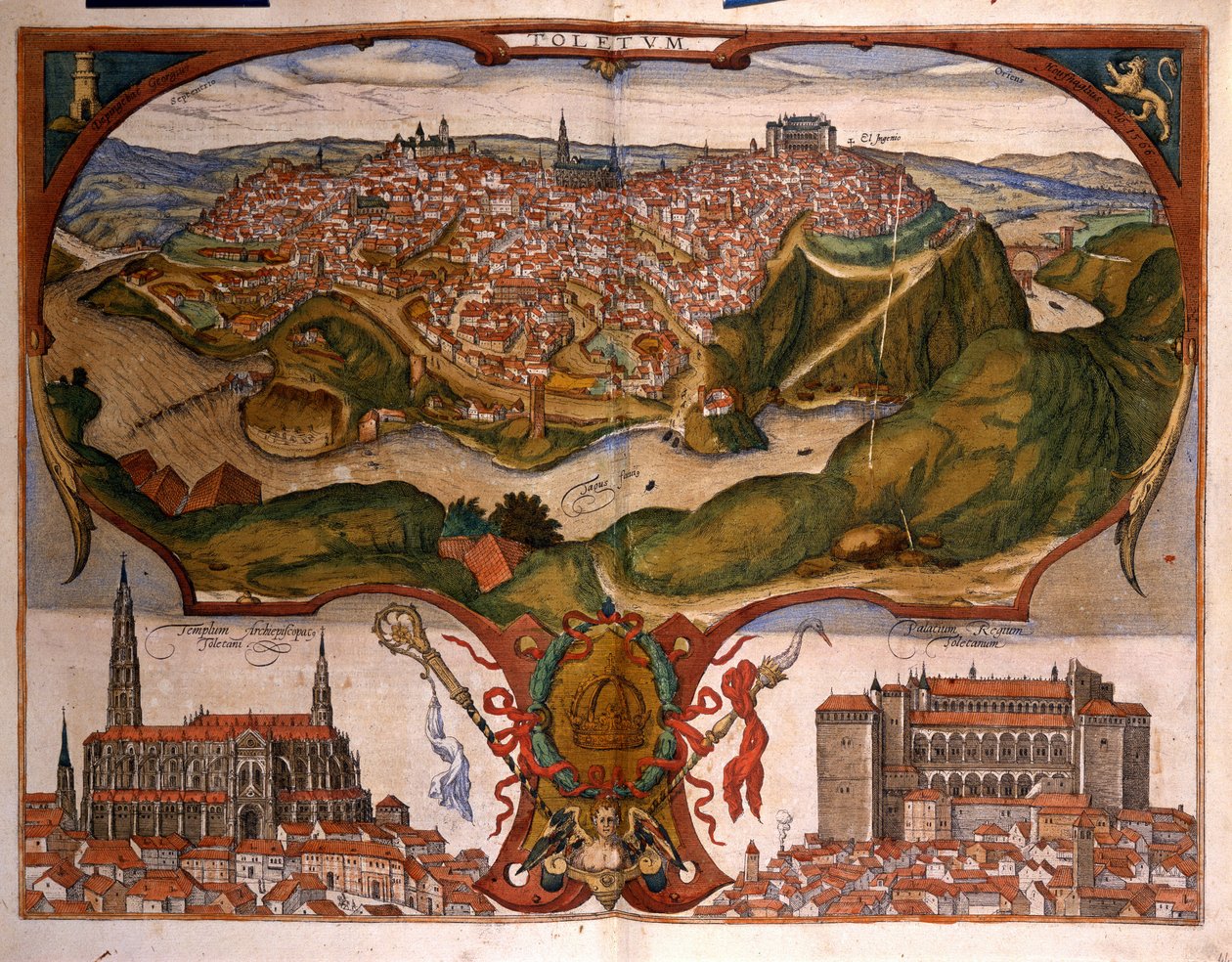 Udsigt over byen Toledo i det 16. århundrede. Gravering af George Braun i "" Civitatis Orbis Terrarum"" bind I skrevet af Franz Hogenberg (1535-1590) af Georg Braun and Hogenberg Franz