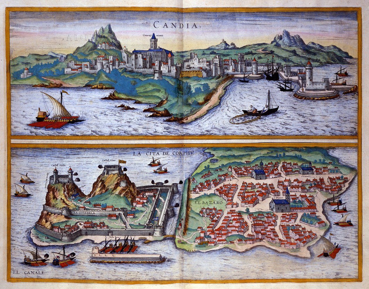 Udsigt over havnen i Candie (det nuværende Heraklion) på Kreta og havnen på Korfu i Grækenland Gravering af George Braun i "" Civitatis Orbis Terrarum""" bind I skrevet af Franz Hogenberg (1535-1590) af Georg Braun and Hogenberg Franz