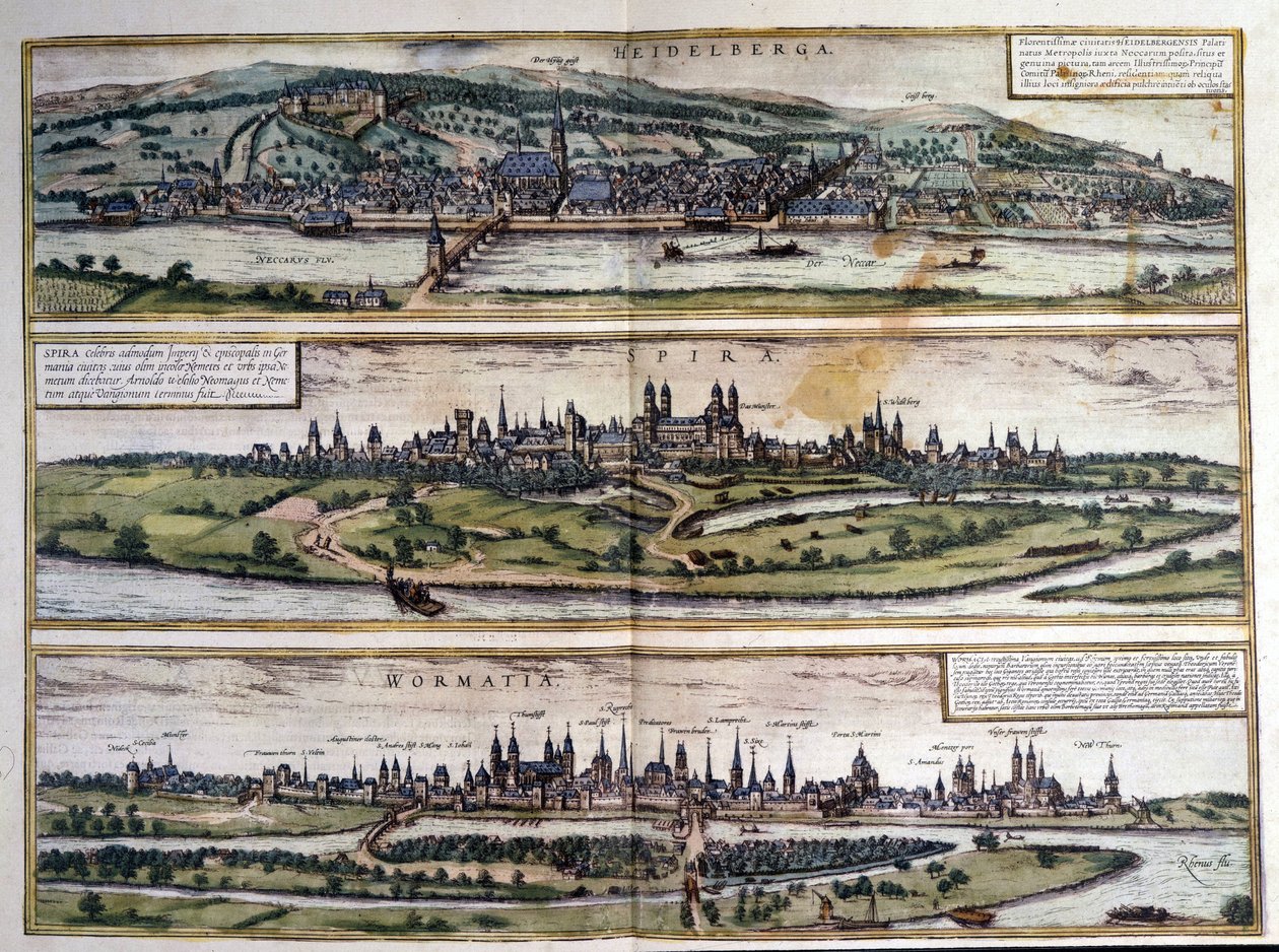 Udsigt over tre byer i Tyskland: Heidelberg, Spire, Worms. Atlas over Braun og Hogenberg. 1550. af Georg Braun and Hogenberg Franz