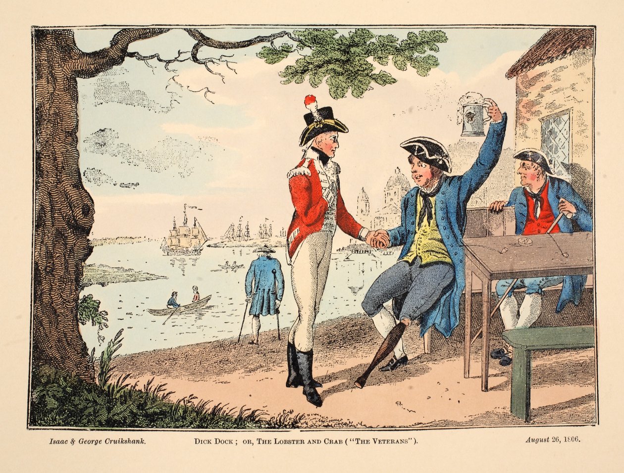 Dick Dock: Or, the Lobster and Crab ("The Veterans"), pub. 1806 (håndkoloreret gravering) af Isaac, Robert and George Cruikshank