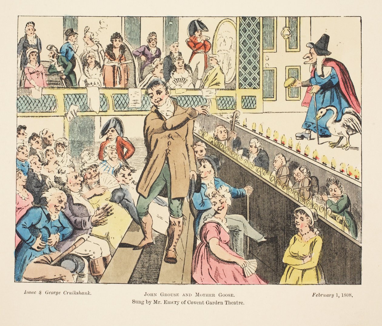 John Grouse og Mother Goose, sunget af Mr. Emery fra Covent Garden, pub. 1808 (håndfarvet gravering) af Isaac, Robert and George Cruikshank