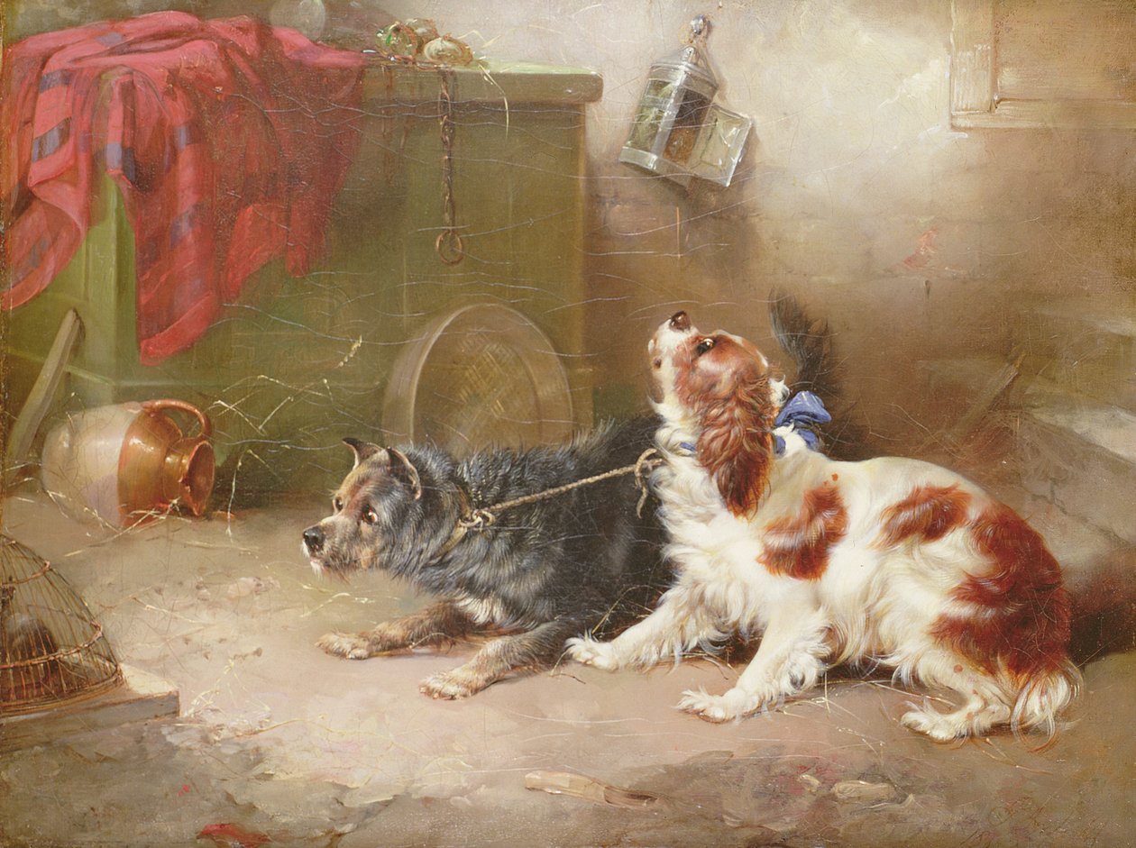 En terrier og en King Charles Spaniel skræmmer en rotte af George Armfield