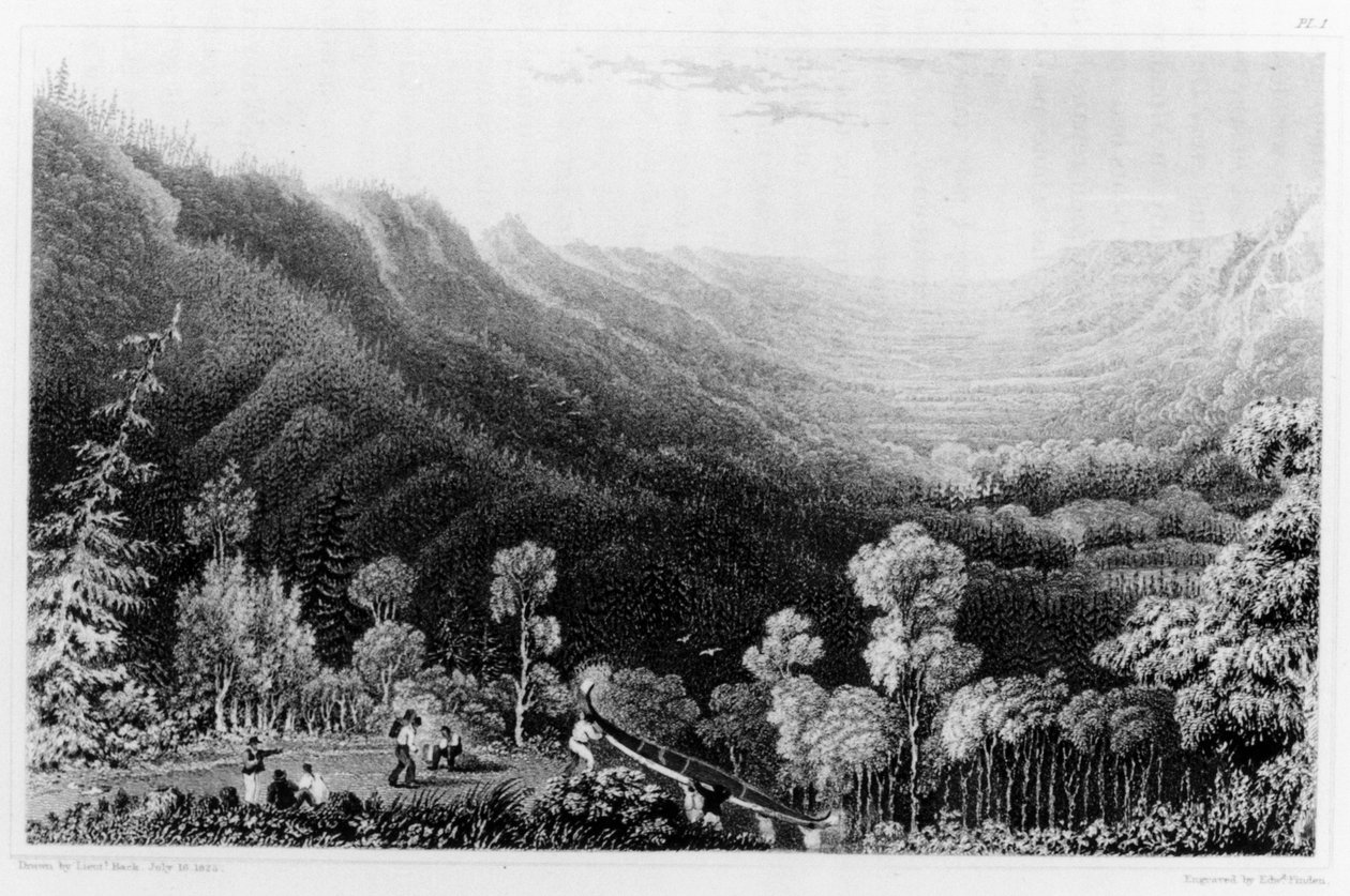 Udsigt fra en overfarten på Clearwater-floden, Canada, fra "Narrative of a Second Expedition to the Shore of the Polar Sea", graveret af Edward Finden, udgivet i 1828 af George Back