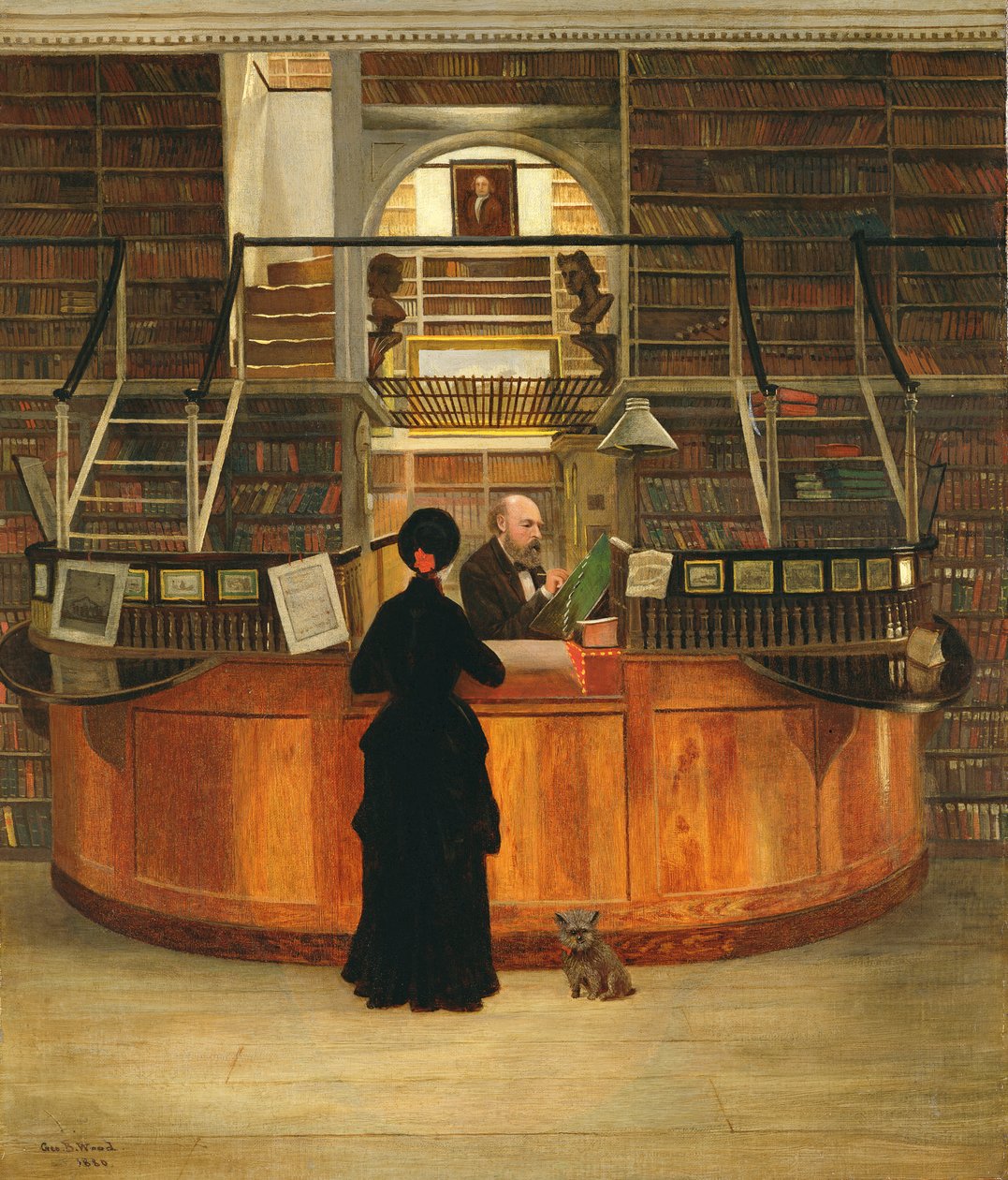 Det indre af Logan Library Philadelphia, med bibliotekaren LLoyd Pearsall Smith ved sit skrivebord, 1880 af George Bacon Wood