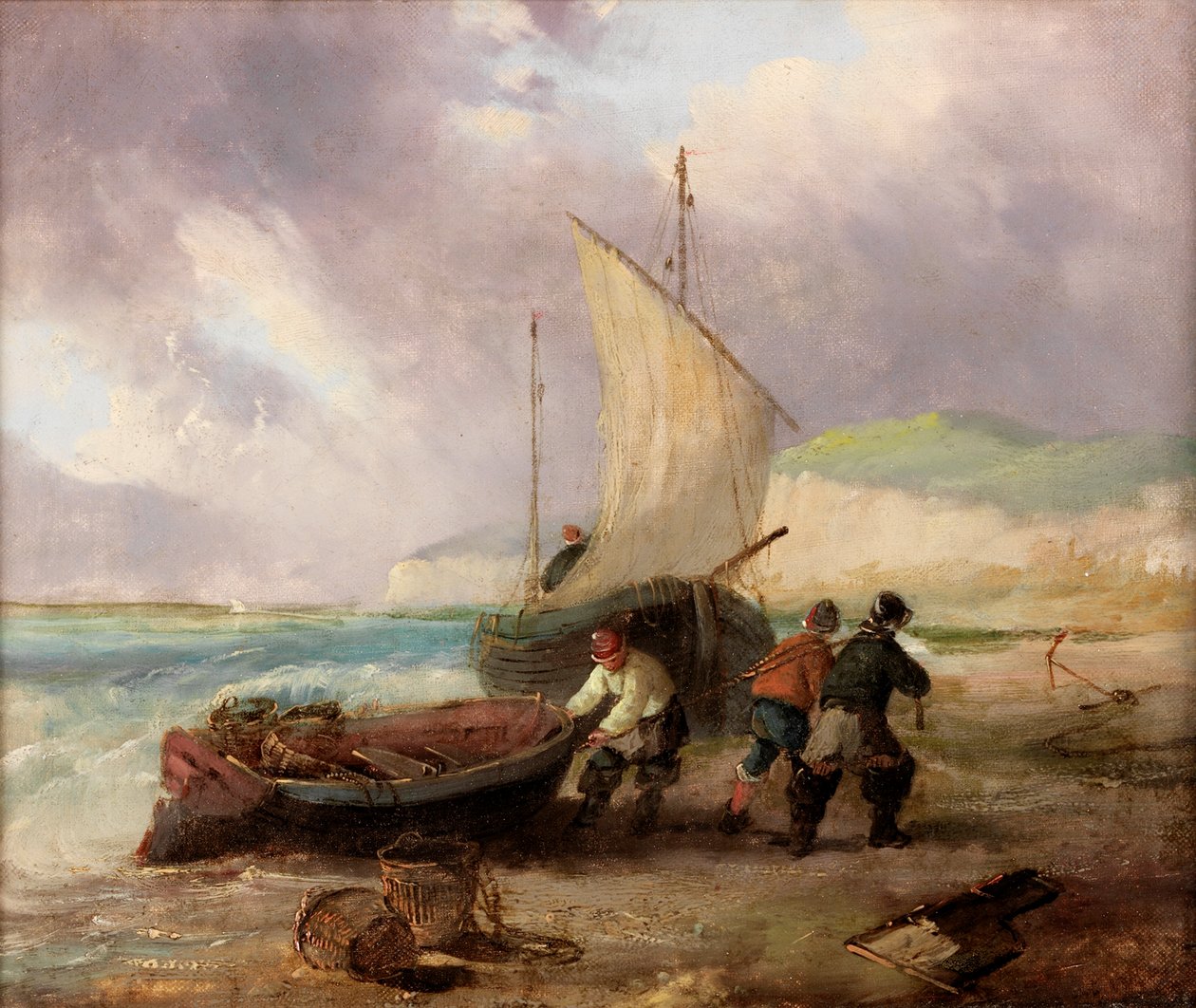 Kystscene med fiskerbåde af George Balmer