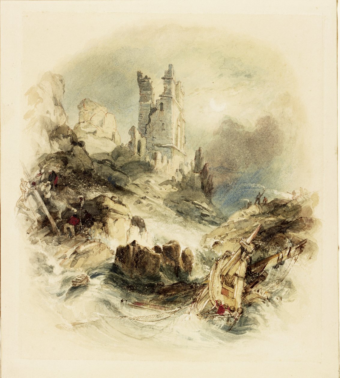 Forlis ud for Dunstanburgh Castle (akvarel og ridser ud) af George Balmer
