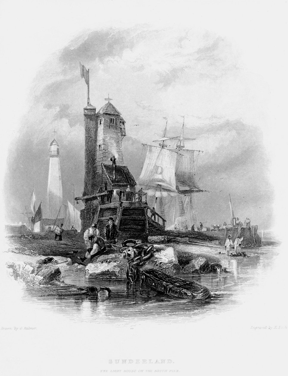 Sunderlands fyrtårn på South Pier, 1841 af George Balmer