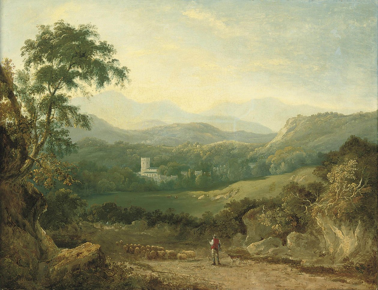 Et bjergrigt landskab nær Porthmadog, med en hyrde, hans flok og en collie i en bane, en rejsende i det fjerne, køer i en dal og en landsby hinsides af George Barret