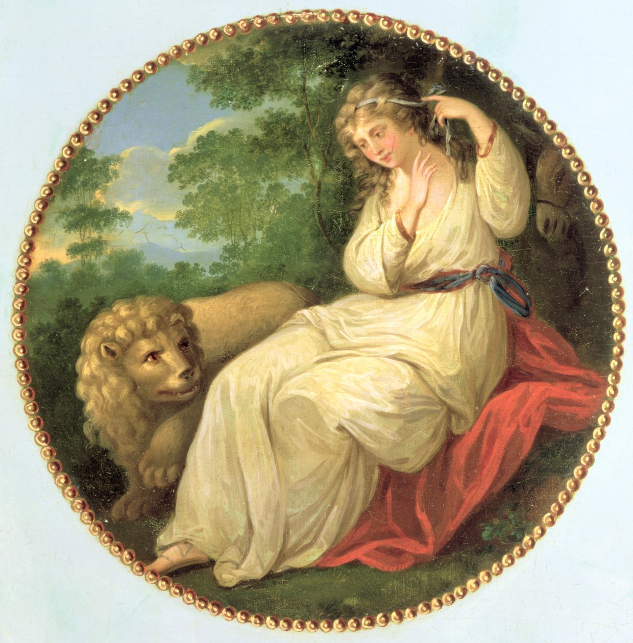 Una and the Lion, designet taget fra en gravering fra 1783 af Thomas Burke (1749-1815) efter Angelica Kauffman (1741-1807), en af tre dekorative medaljoner fra en George III-kommode, ca. 1790 (panel af George Brookshaw