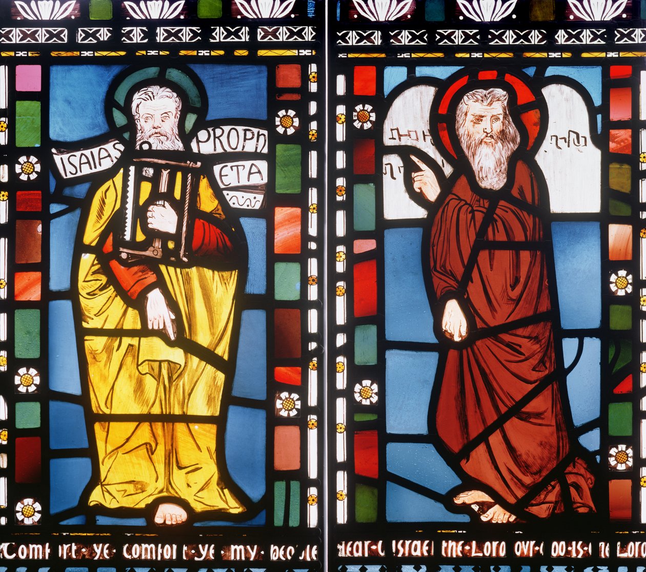 Esajas og Moses, detalje fra skabelsesvinduet, 1861 (farvet glas) (se 120153) af George Campfield