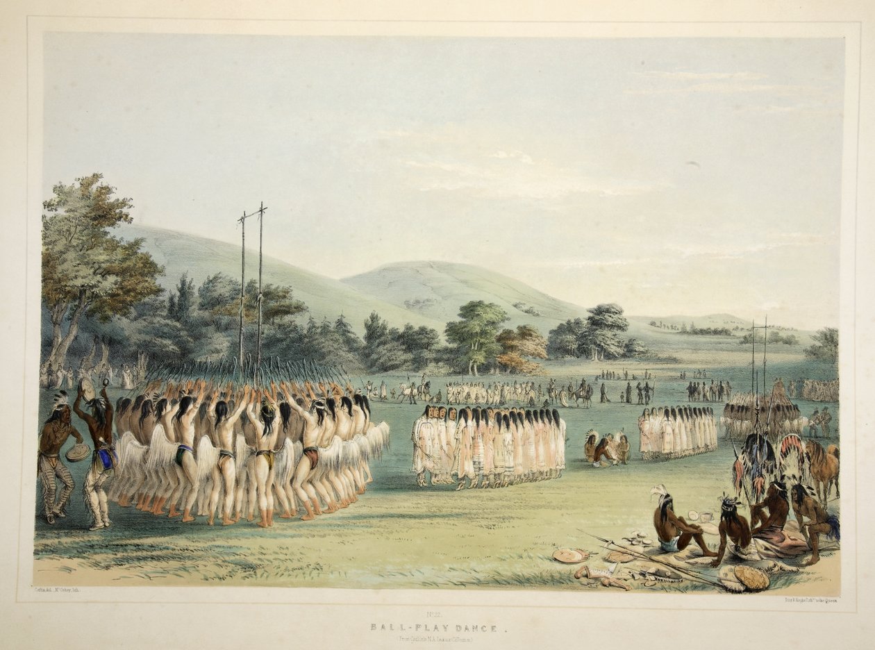 Ball-Player Dance, fra Catlins North American Indian Portfolio. Jagtscener og forlystelser i Rocky Mountains og Prairies of America, pub. 1845 af George Catlin