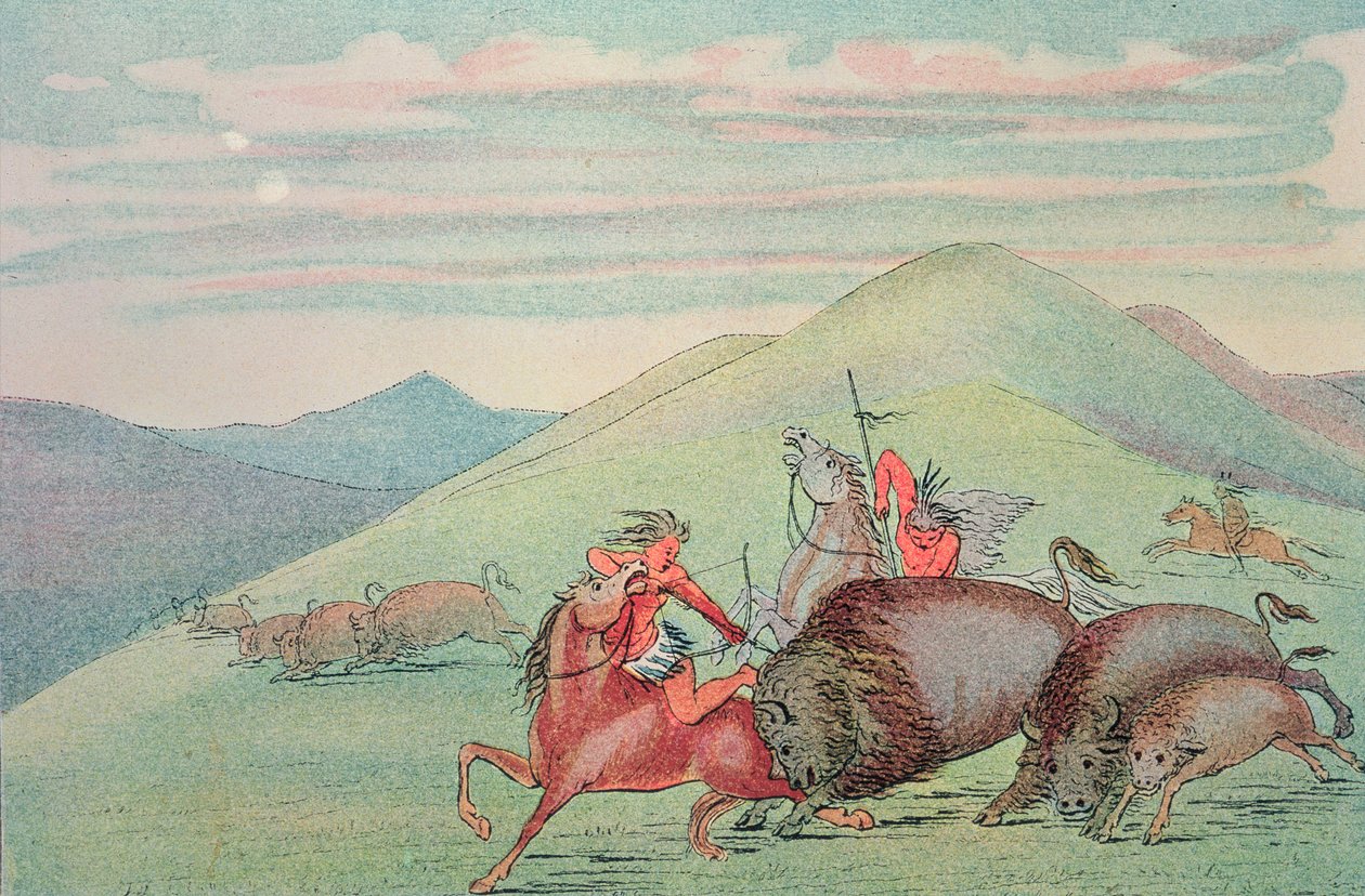 Bøfeltyr beskytter kalv og mor under angreb af George Catlin