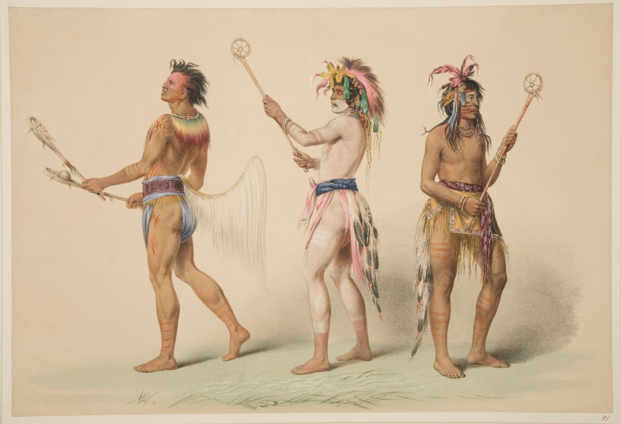 Illustration af Lacrosse-spillere, fra Illustrationer af de nordamerikanske indianeres manerer, skikke og forhold, London, 1845 (håndfarvet gravering) af George Catlin