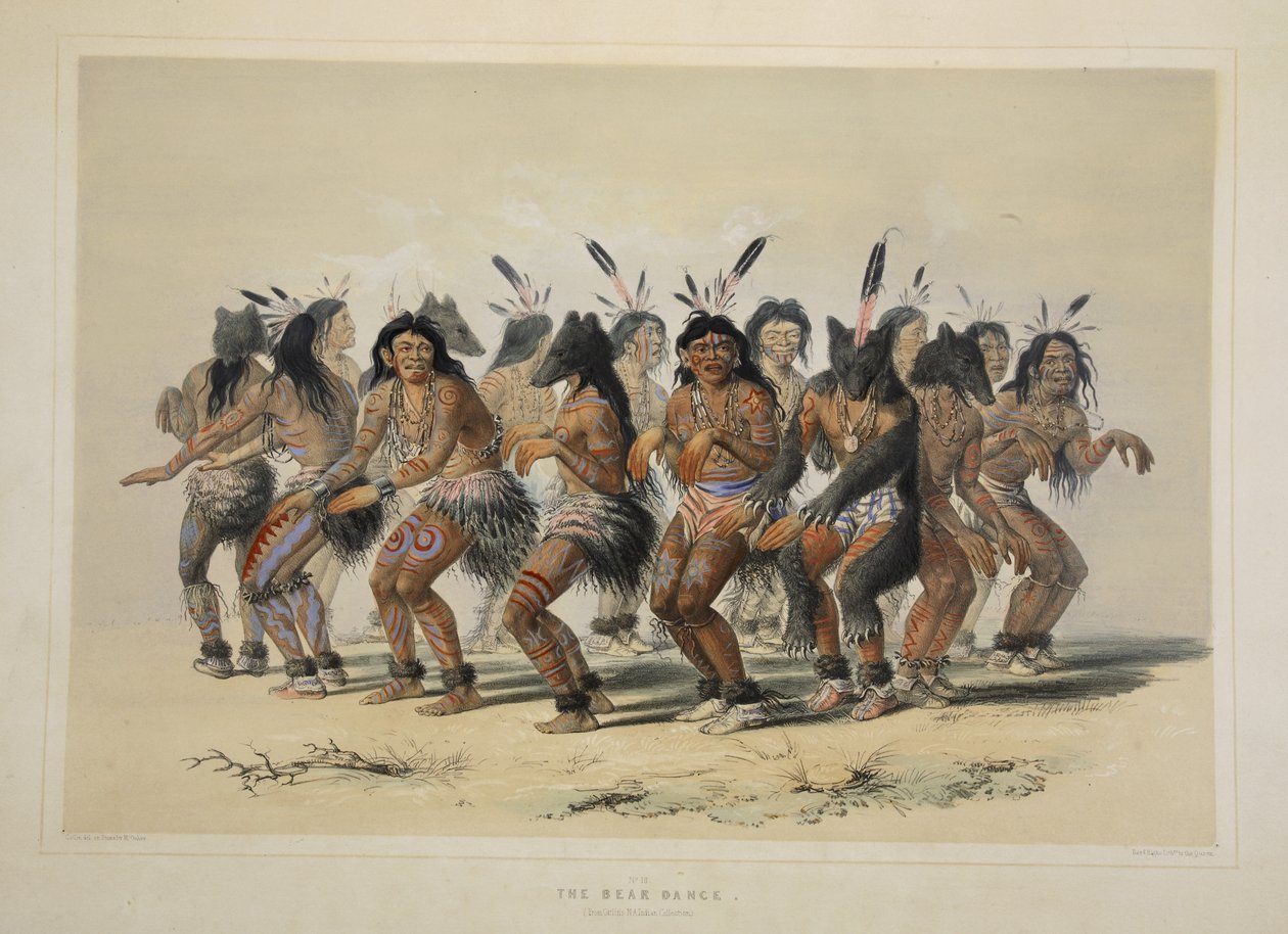 The Bear Dance, fra Catlins North American Indian Portfolio. Jagtscener og forlystelser i Rocky Mountains og Prairies of America, pub. 1845 af George Catlin