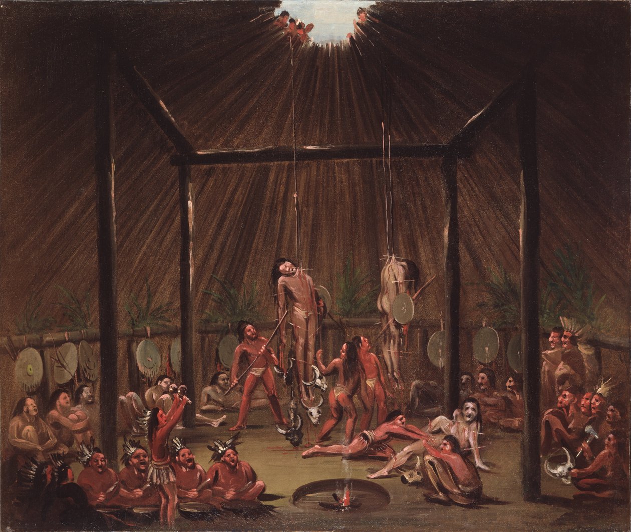 The Cutting Scene, Mandan O-kee-pa Ceremony af George Catlin