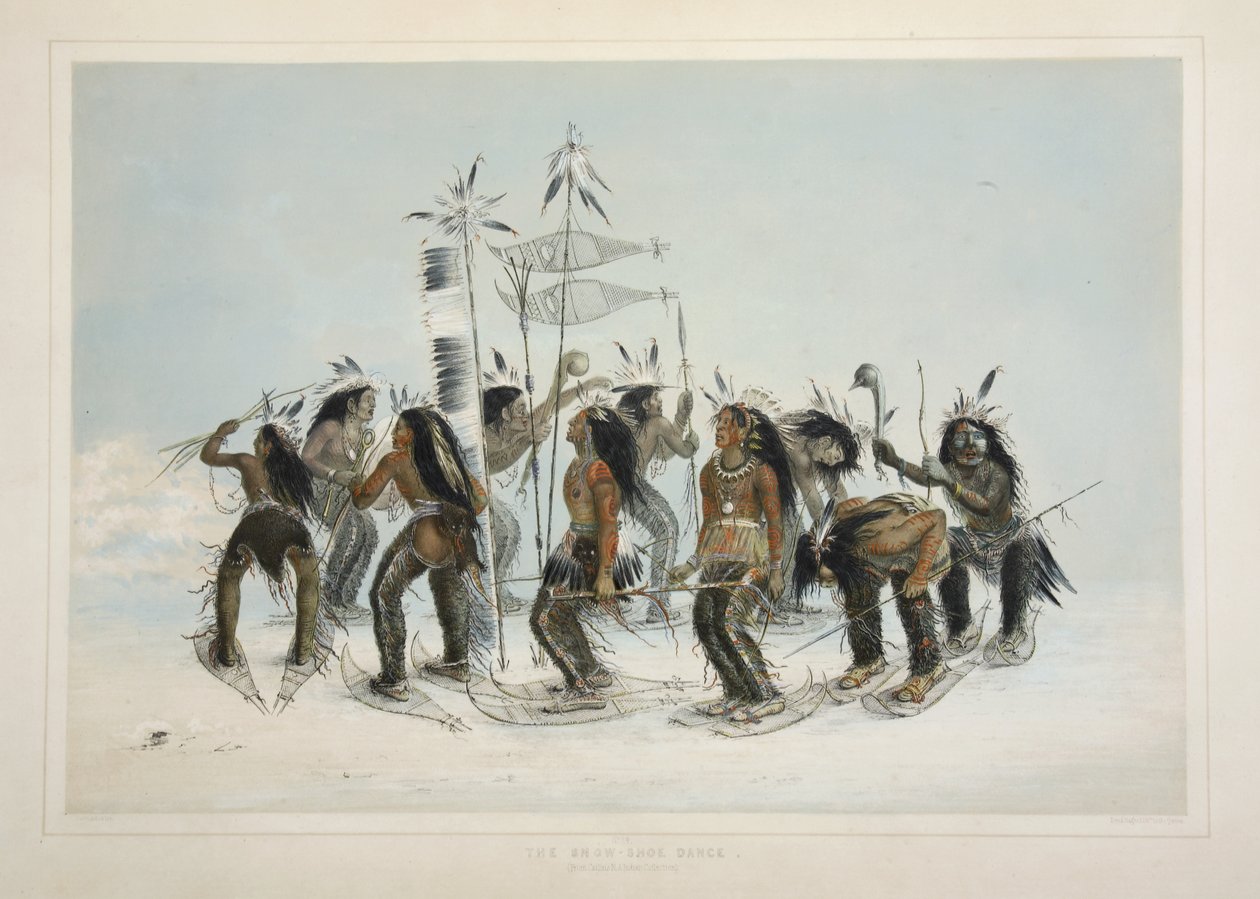 The Snow Shoe Dance, fra Catlins North American Indian Portfolio. Jagtscener og forlystelser i Rocky Mountains og Prairies of America, pub. 1845 af George Catlin