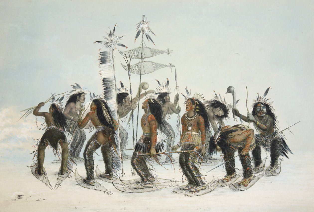 The Snow Shoe Dance, fra Catlins North American Indian Portfolio. Jagtscener og forlystelser i Rocky Mountains og Prairies of America, pub. 1845 af George Catlin