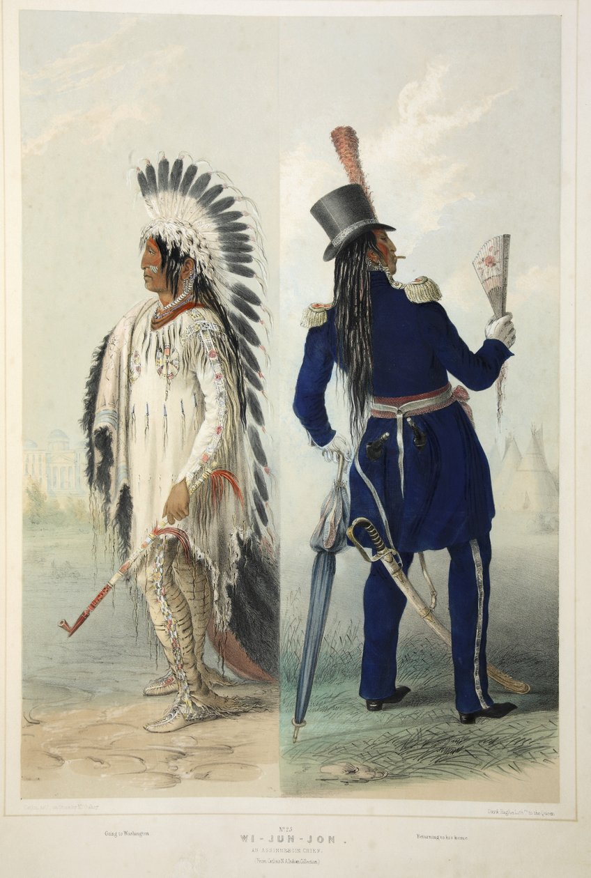 Wi-Jun-Jon, en Assinneboin-chef, fra Catlins North American Indian Portfolio. Jagtscener og forlystelser i Rocky Mountains og Prairies of America, pub. 1845 af George Catlin