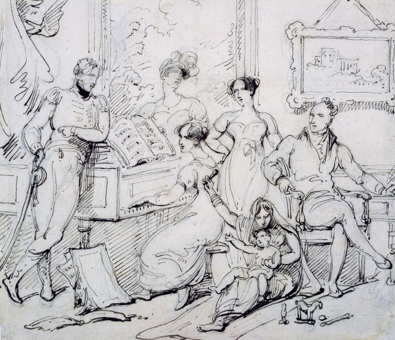 En familiegruppe omkring et klaver (pen og brun blæk med grafit på papir) af George Chinnery