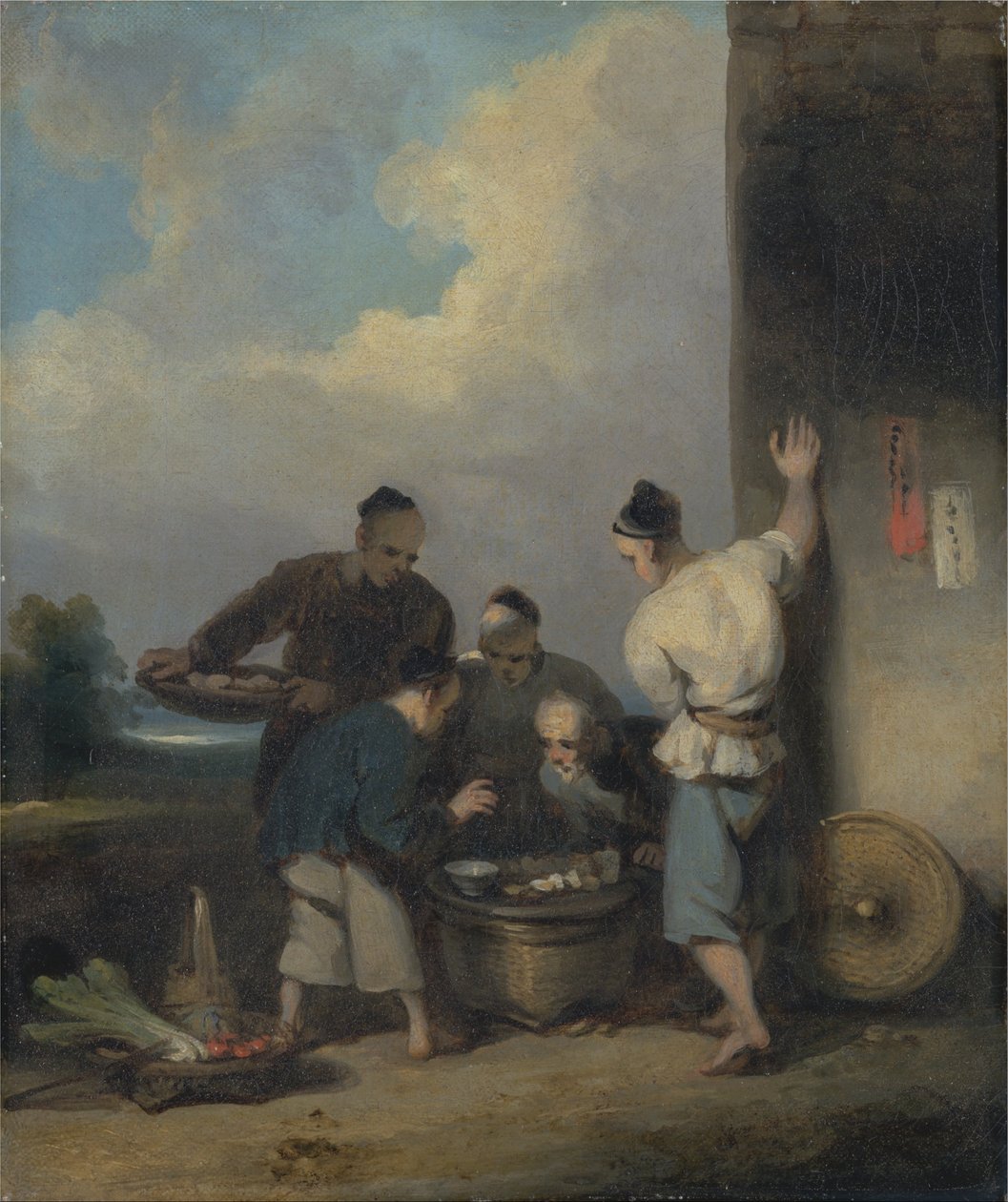 Coolies rundt om fødevareleverandørens bod af George Chinnery