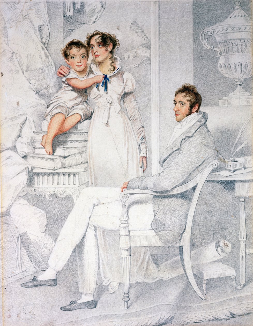 Hr. og fru Richmond Thackeray og deres søn, William Makepeace Thackeray (1811-63) 1814 (blyant og wc på papir) af George Chinnery