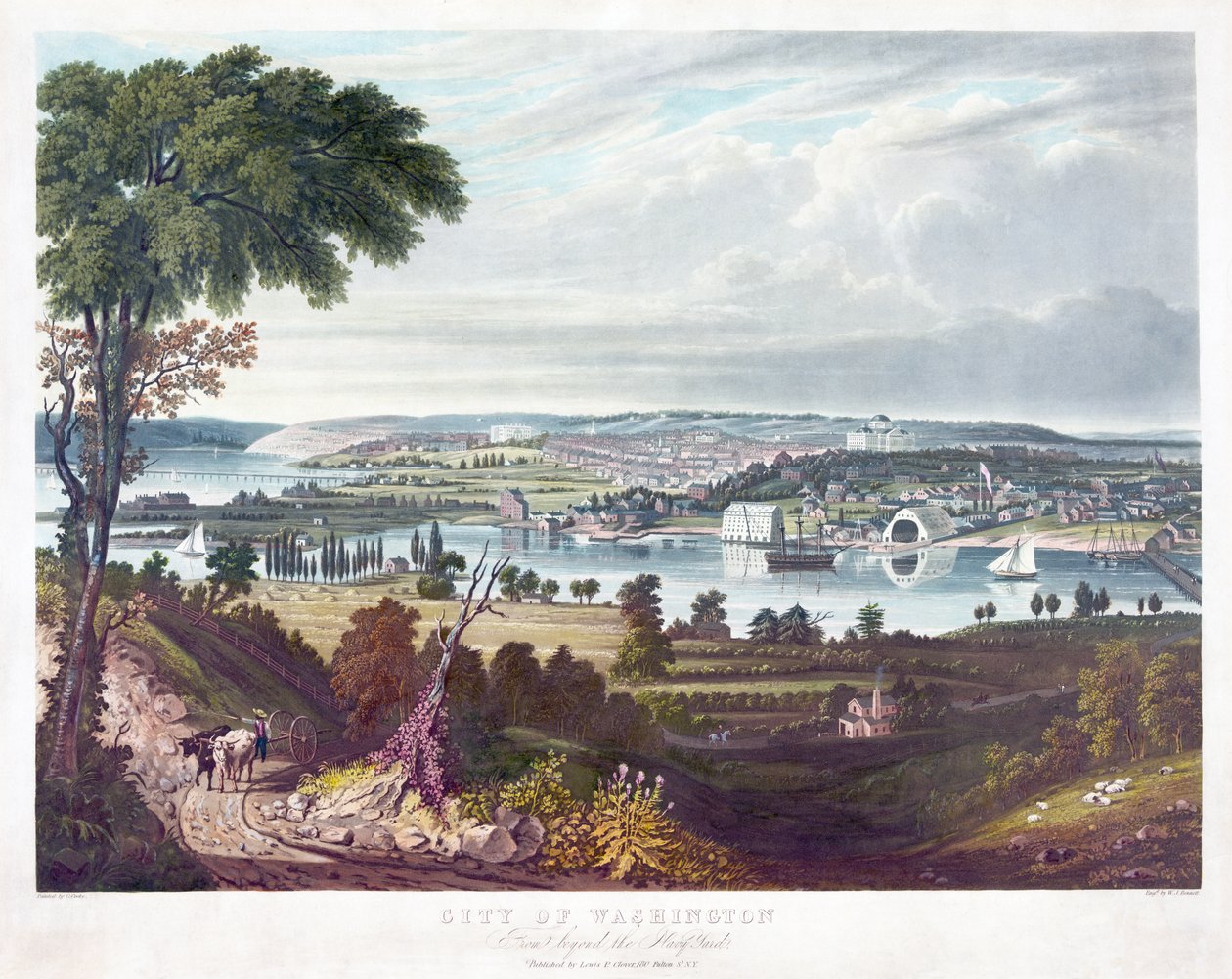 Byen Washington set fra den anden side af flådeværftet, gravering af William James Bennett (1787-1844), ca. 1834 af George Cooke
