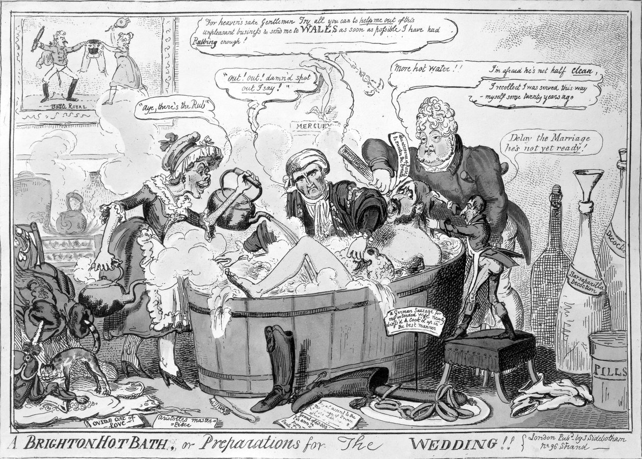 Et varmt bad i Brighton eller forberedelser til brylluppet, 1816 af George Cruikshank