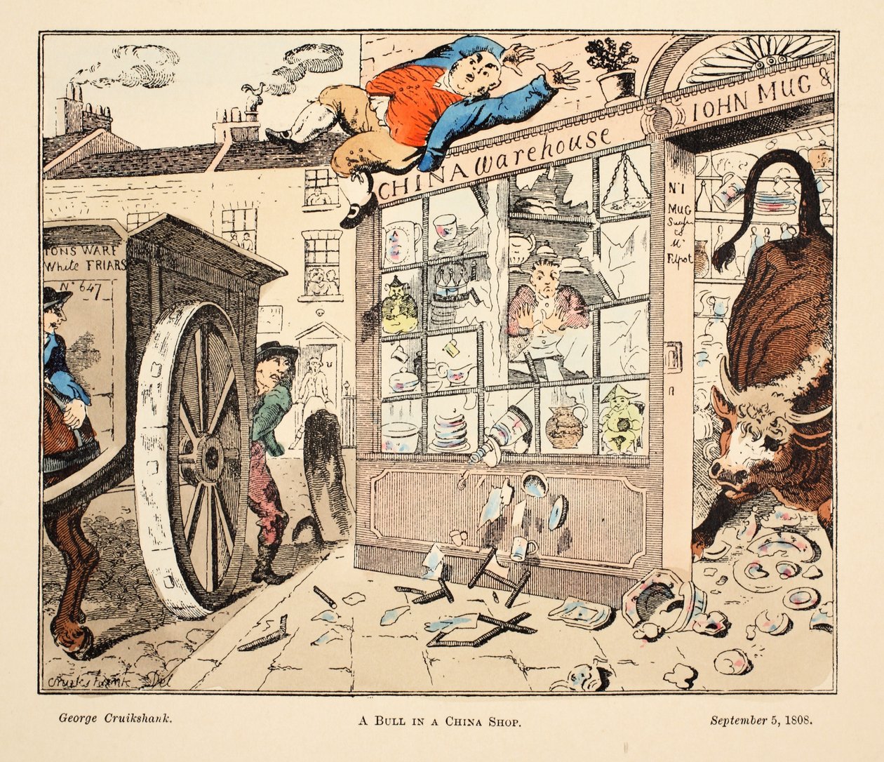 En tyr i en kinabutik, pub. 1808 (håndfarvet gravering) af George Cruikshank
