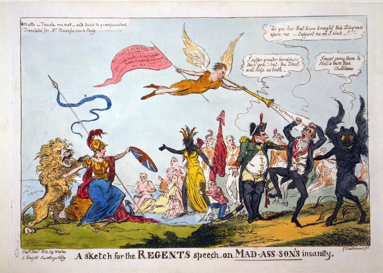 En skitse til regenternes tale om Mad-Ass-Sons sindssyge, pub. 1812 (håndfarvet gravering) af George Cruikshank
