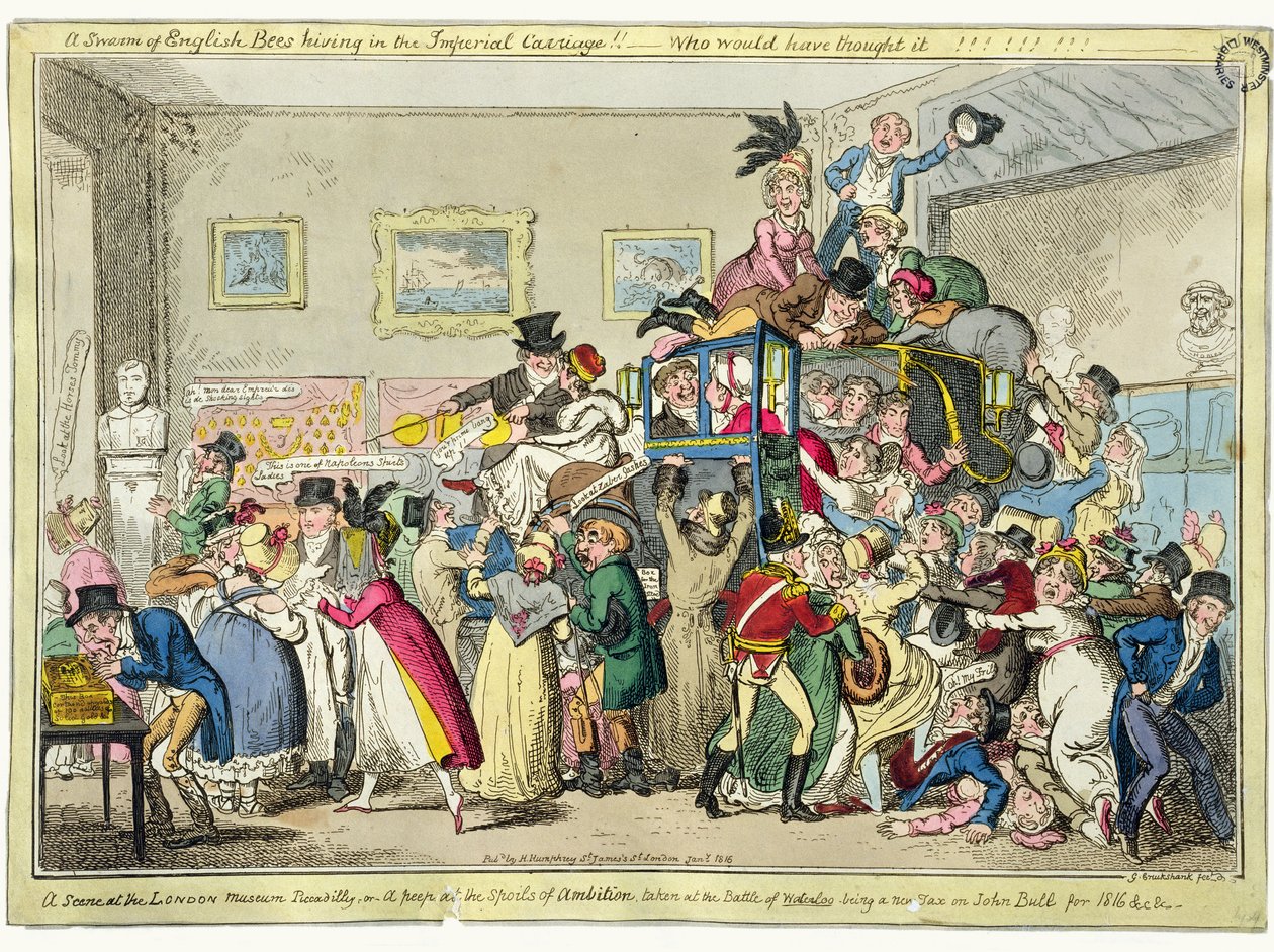 En sværm af engelske bier hiver i den kejserlige vogn!! - Hvem ville have troet det!! En scene på London Museum, Piccadilly, eller et kig på ambitionernes bytte, taget i slaget ved Waterloo, af George Cruikshank