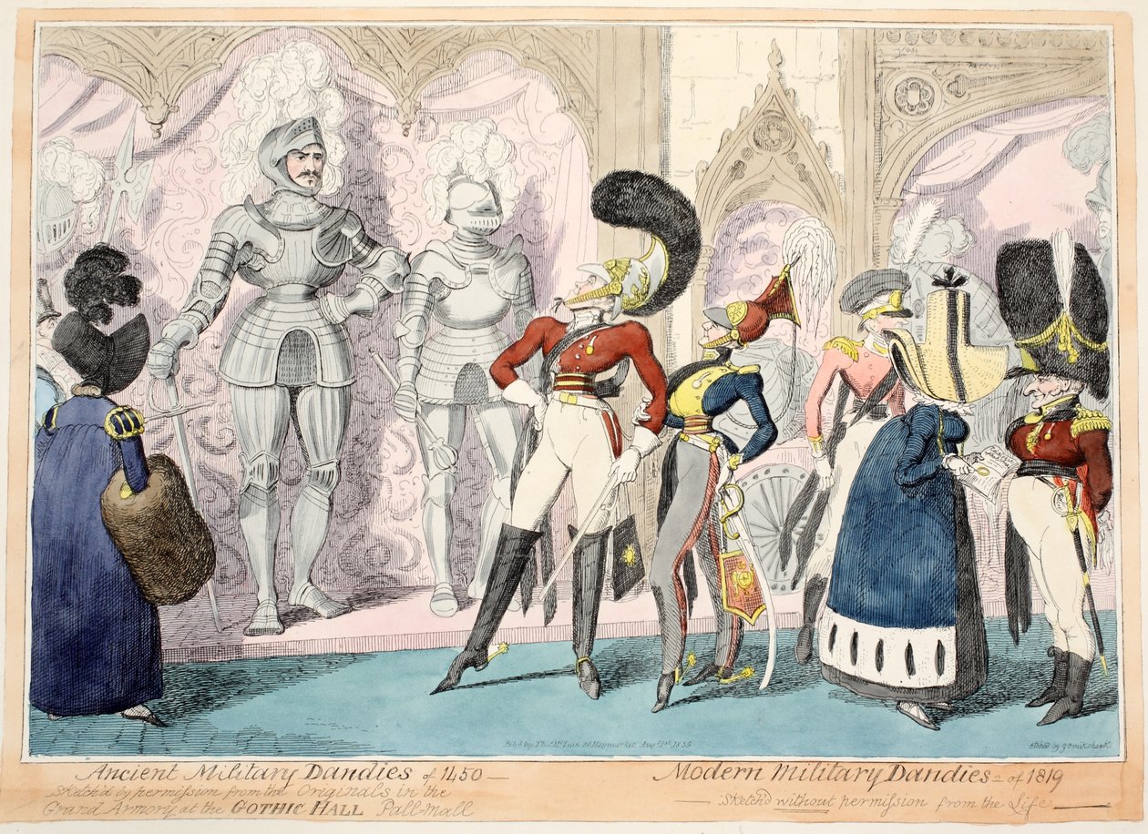 Ancient Military Dandies fra 1450, Moderne Military Dandies fra 1819, 1835 (håndfarvet gravering) af George Cruikshank