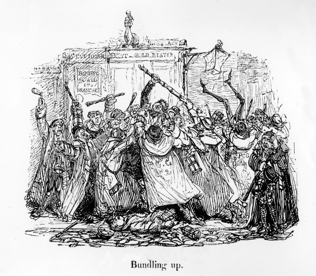 Bundling Up, illustration fra "Mornings at Bow Street: A Selection of the Most Humorous and Entertaining Reports which Have Appeared in the "Morning Herald" af John Wight, 1838 af George Cruikshank