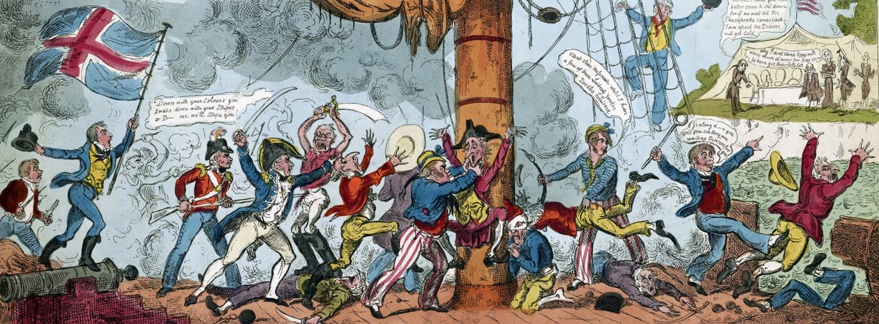 Tegneserie, der viser et britisk boardingparty, 1813 af George Cruikshank