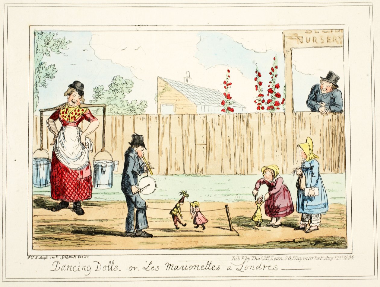 Dansende dukker eller "Les Marionettes a Londres", 1835 (håndkoloreret stik) af George Cruikshank