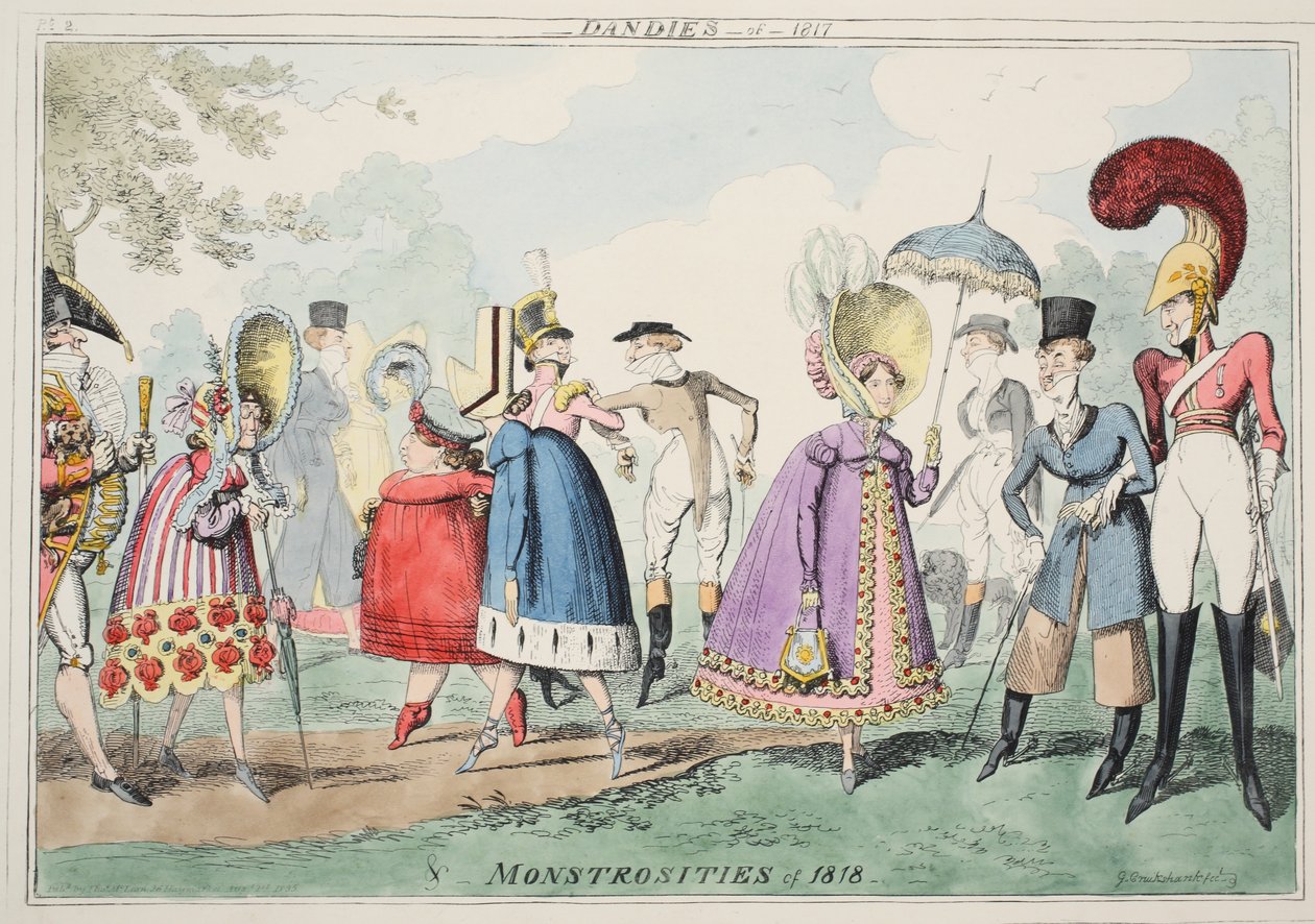 Dandies af 1817 og Monstrosities af 1818, pub. 1835 (håndfarvet akvatinte) af George Cruikshank