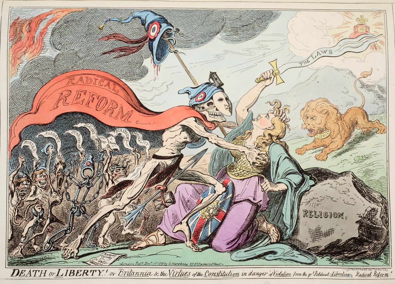 Død eller Frihed! Eller Britannia und the Virtues of the Constitution i fare for krænkelse fra Great Political Libertine, Radikal Reform!, pub. 1819 (håndfarvet radering) af George Cruikshank